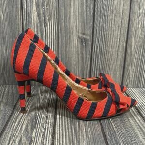 J Crew Striped Heels Pumps Sz 7 Orange Blue Designer Pointed Toe Bow Textile